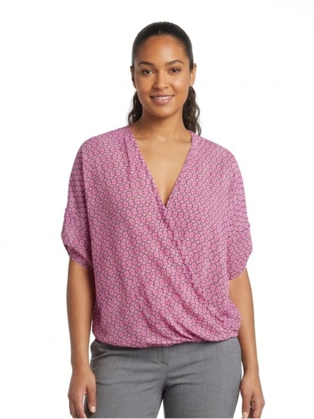 Jennifer Lopez Pink Geometric Faux Wrap Blouse Size Medium